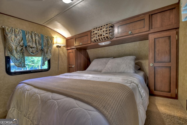 carpeted bedroom with lofted ceiling