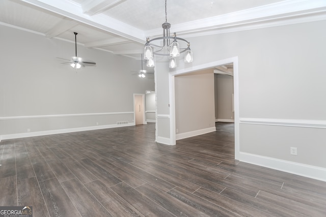 empty room featuring ceiling fan with notable chandelier, dark hardwood / wood-style flooring, and vaulted ceiling with beams