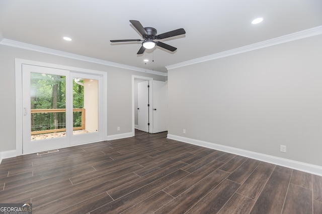 unfurnished room with ceiling fan, dark hardwood / wood-style flooring, and ornamental molding