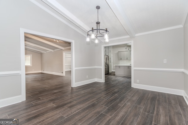 interior space with dark wood-type flooring, crown molding, a chandelier, and lofted ceiling with beams