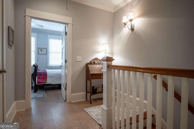 hall featuring crown molding and hardwood / wood-style flooring