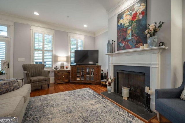 living room with wood-type flooring and ornamental molding