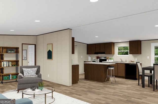 kitchen with light wood-type flooring, dark brown cabinets, and dishwasher