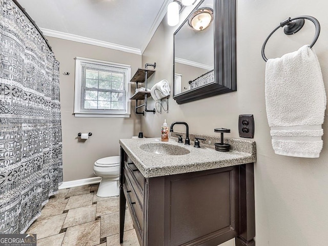 bathroom featuring ornamental molding, a shower with shower curtain, vanity, and toilet