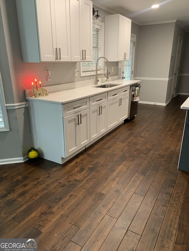 kitchen featuring white cabinetry, sink, dishwasher, dark hardwood / wood-style flooring, and ornamental molding