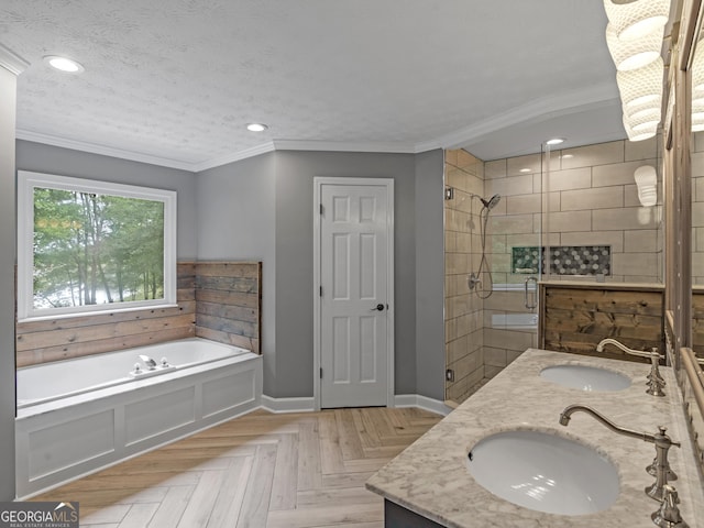 bathroom featuring vanity, plus walk in shower, crown molding, and parquet floors