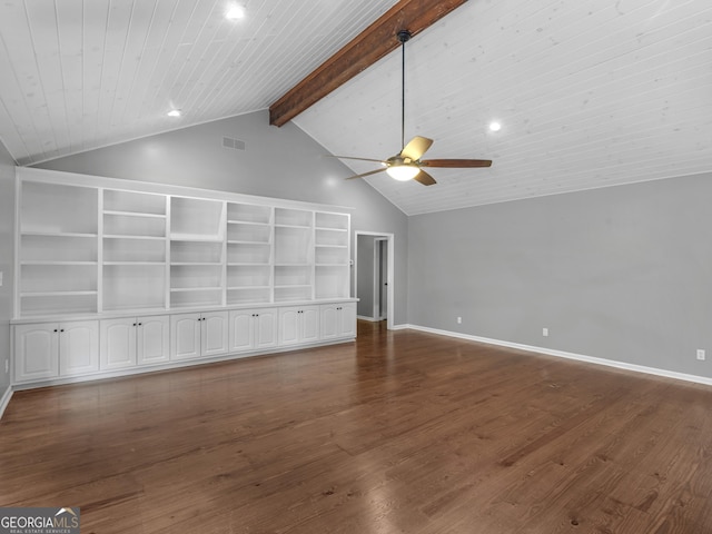 unfurnished living room with wood ceiling, ceiling fan, dark wood-type flooring, lofted ceiling with beams, and built in features