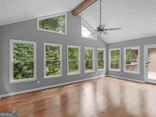 unfurnished sunroom featuring wood ceiling, vaulted ceiling with beams, ceiling fan, and a healthy amount of sunlight