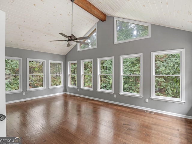 interior space featuring vaulted ceiling with beams, ceiling fan, and wooden ceiling