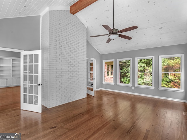 unfurnished living room featuring wooden ceiling, high vaulted ceiling, ceiling fan, beamed ceiling, and wood-type flooring