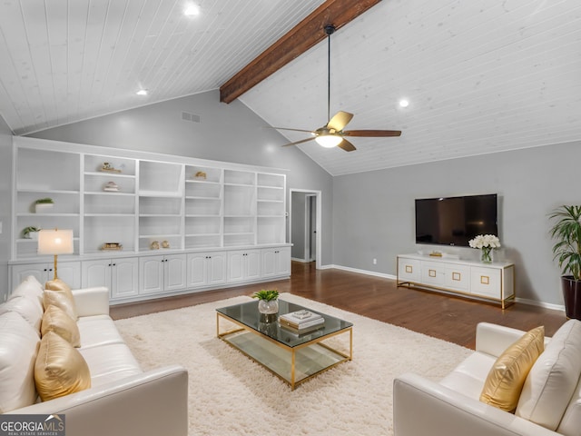 living room with hardwood / wood-style floors, lofted ceiling with beams, ceiling fan, and wood ceiling