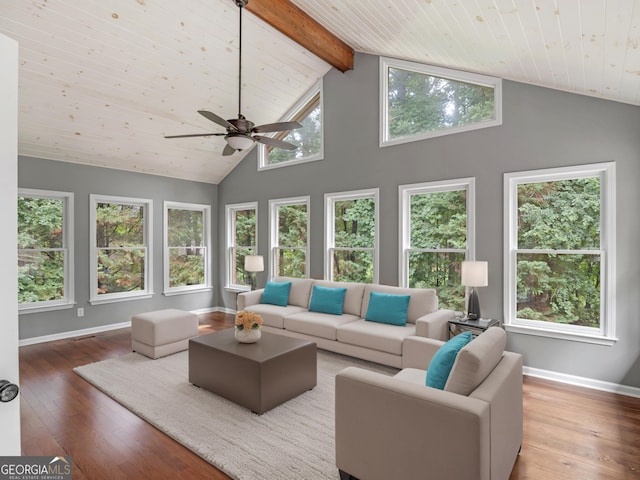 living room with high vaulted ceiling, ceiling fan, beamed ceiling, wood-type flooring, and wood ceiling