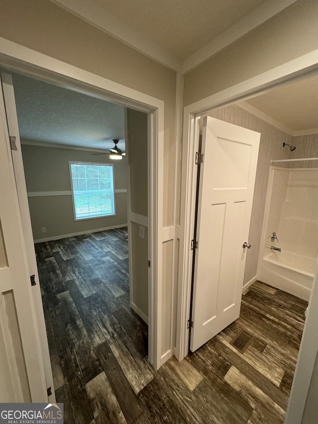 corridor featuring dark hardwood / wood-style flooring, crown molding, and a textured ceiling