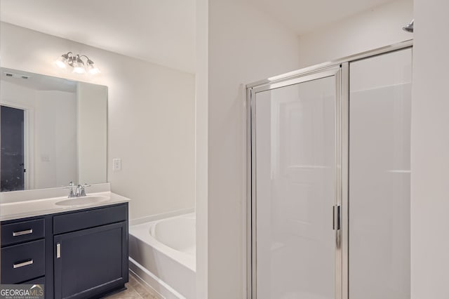 bathroom with vanity, separate shower and tub, and tile patterned floors