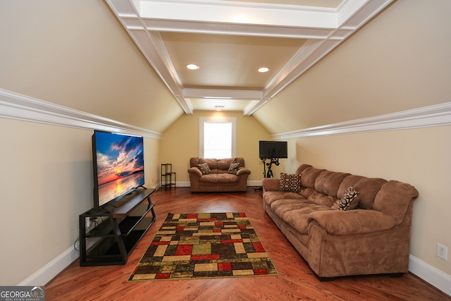 living room featuring ornamental molding, vaulted ceiling, and wood-type flooring