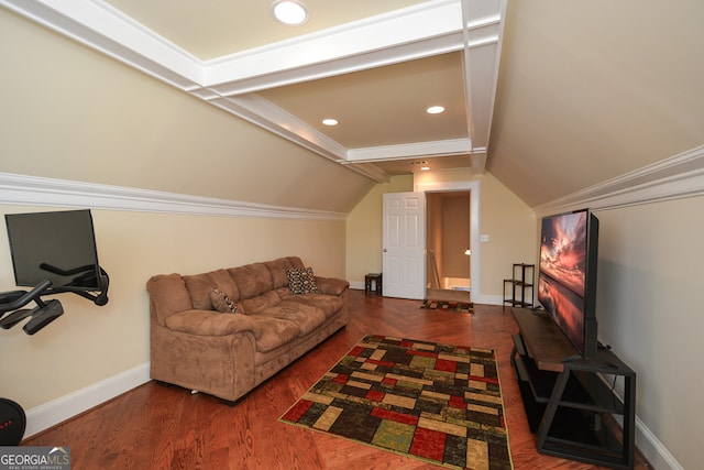 living room with ornamental molding, vaulted ceiling, and hardwood / wood-style flooring