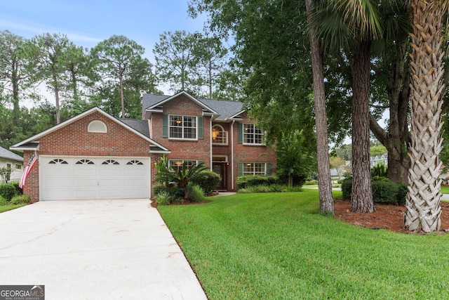 view of front facade with a front lawn and a garage