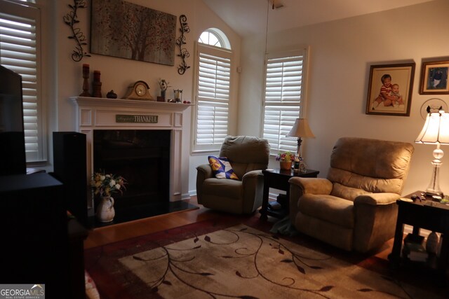 living room with lofted ceiling and hardwood / wood-style flooring