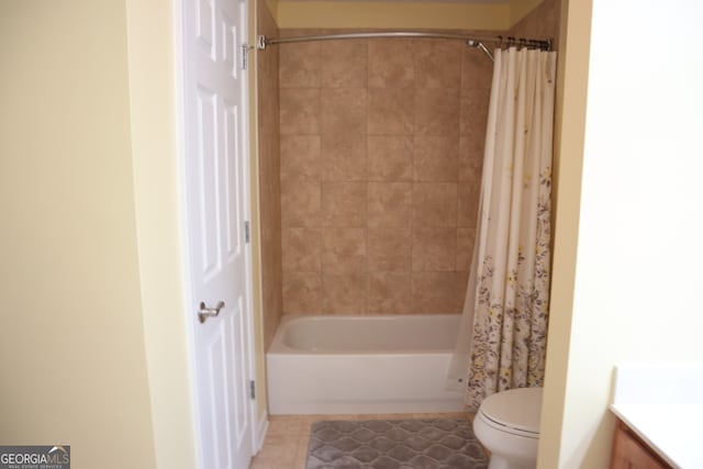 full bathroom with vanity, toilet, tile patterned flooring, and shower / bathtub combination with curtain