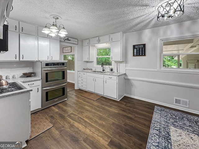 kitchen with a notable chandelier, a healthy amount of sunlight, hanging light fixtures, and double oven