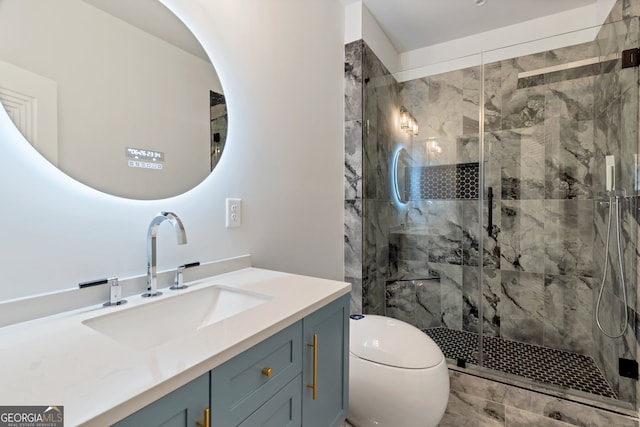 bathroom featuring vanity, toilet, and walk in shower