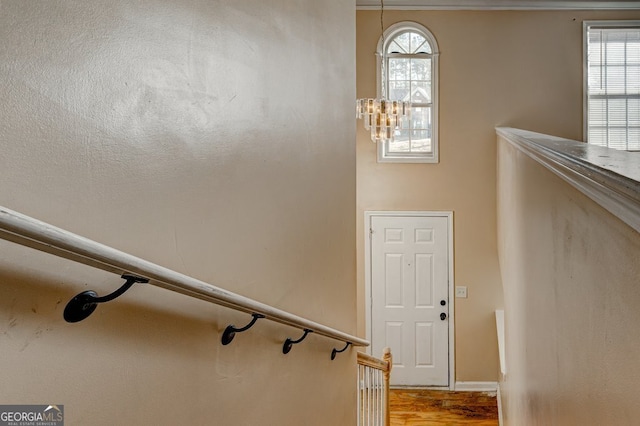 stairs featuring hardwood / wood-style flooring