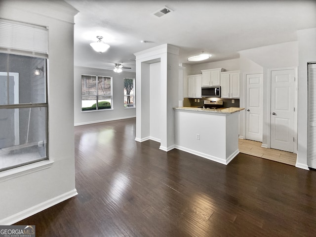 kitchen with white cabinets, light stone counters, stainless steel appliances, dark hardwood / wood-style flooring, and ceiling fan