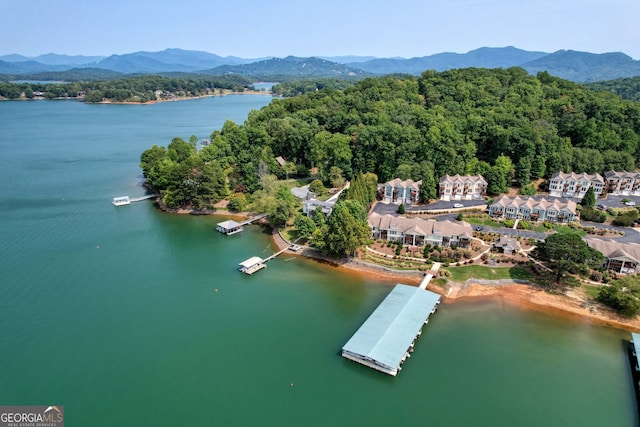 bird's eye view with a water and mountain view