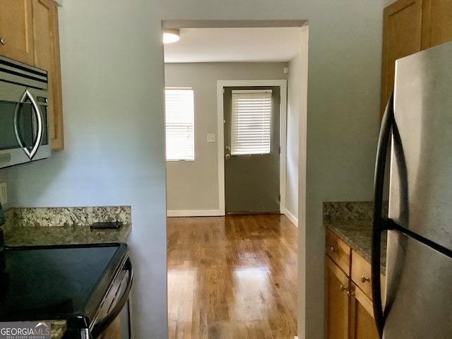 kitchen featuring light wood-type flooring, dark stone countertops, and stainless steel appliances