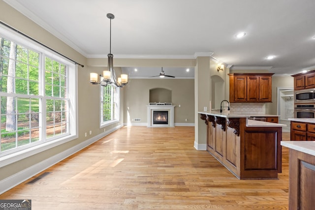 kitchen with ornamental molding, kitchen peninsula, stainless steel appliances, and light hardwood / wood-style floors