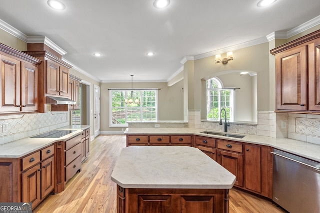 kitchen featuring dishwasher, light hardwood / wood-style floors, sink, and a kitchen island