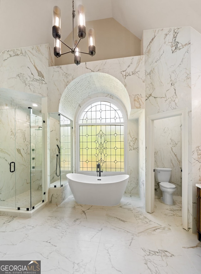 full bathroom featuring vanity, vaulted ceiling, toilet, a chandelier, and plus walk in shower