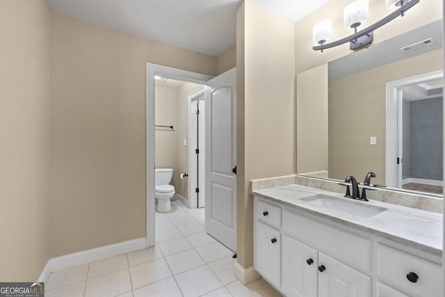 bathroom with vanity, toilet, and tile patterned flooring