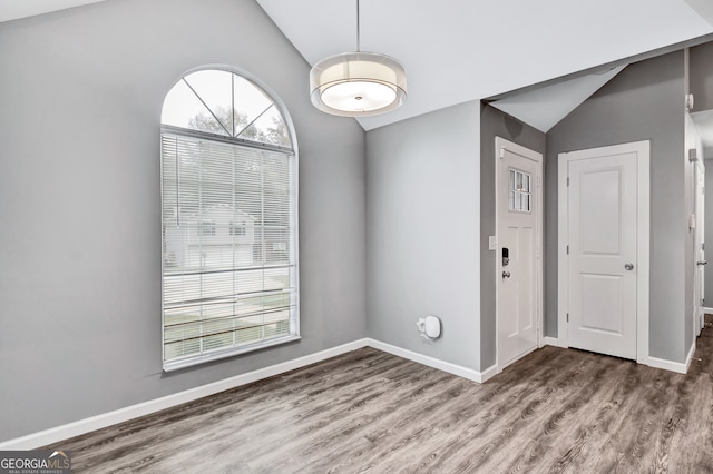 unfurnished room featuring lofted ceiling, a healthy amount of sunlight, and hardwood / wood-style floors