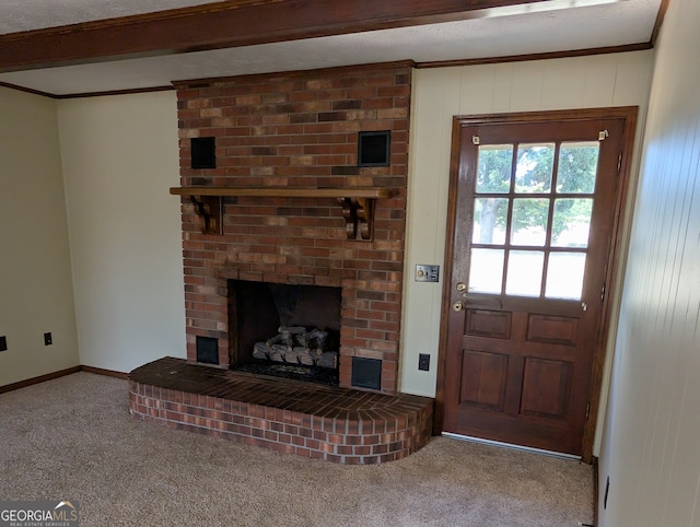 interior space with a fireplace and crown molding