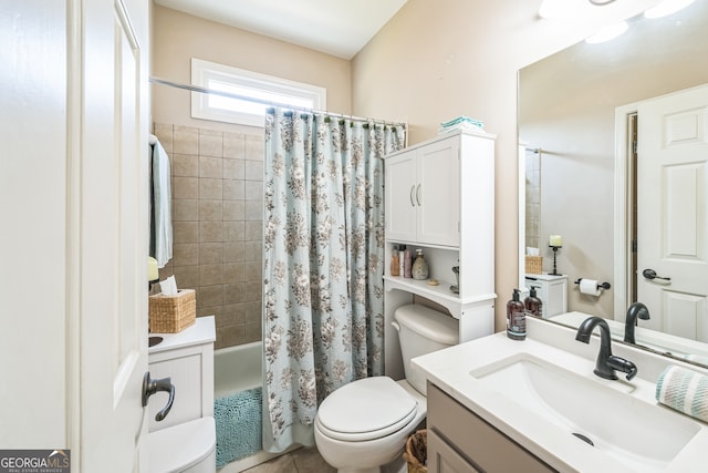 full bathroom with vanity, toilet, and shower / bathtub combination with curtain