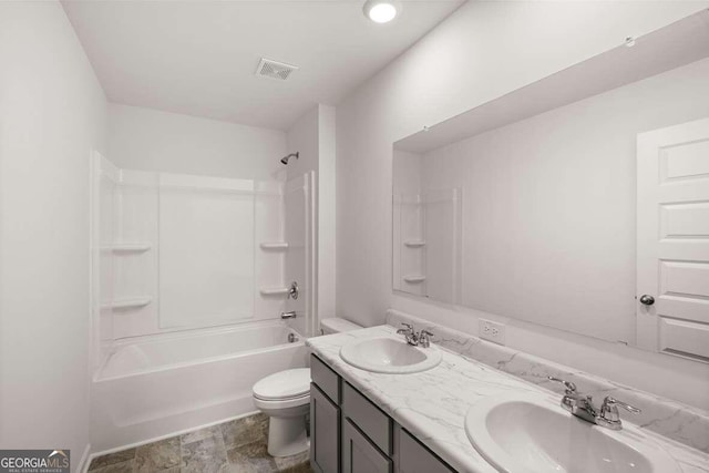 full bathroom with vanity, toilet, and bathing tub / shower combination