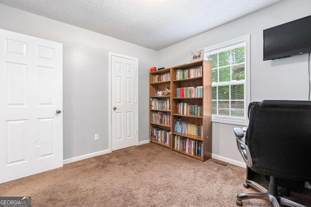 carpeted office space with a textured ceiling