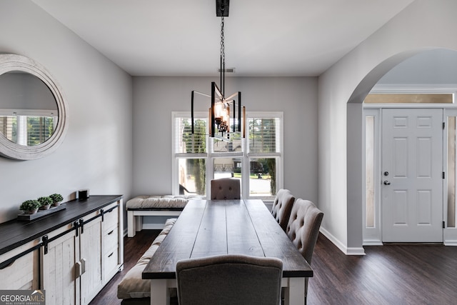 dining room with an inviting chandelier, plenty of natural light, and dark hardwood / wood-style floors