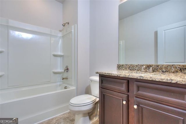 full bathroom featuring shower / tub combination, vanity, toilet, and tile patterned floors