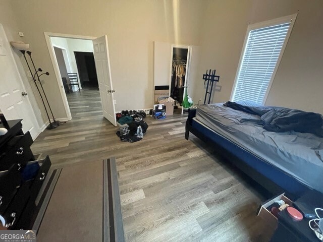 bedroom featuring hardwood / wood-style floors, a walk in closet, and a closet