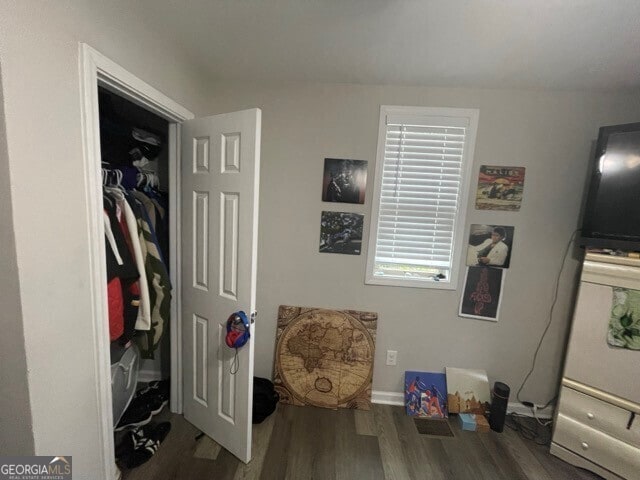 interior space featuring wood-type flooring and a closet