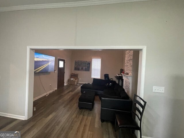 living room featuring crown molding, dark wood-type flooring, and a fireplace