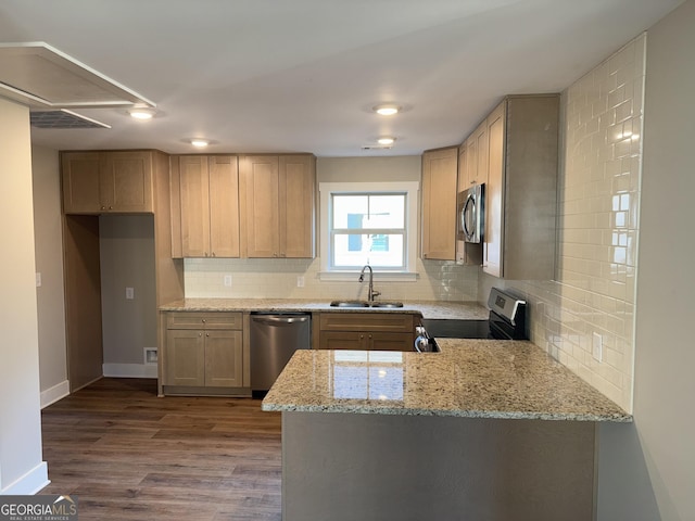 kitchen featuring baseboards, light stone countertops, dark wood-style floors, stainless steel appliances, and a sink