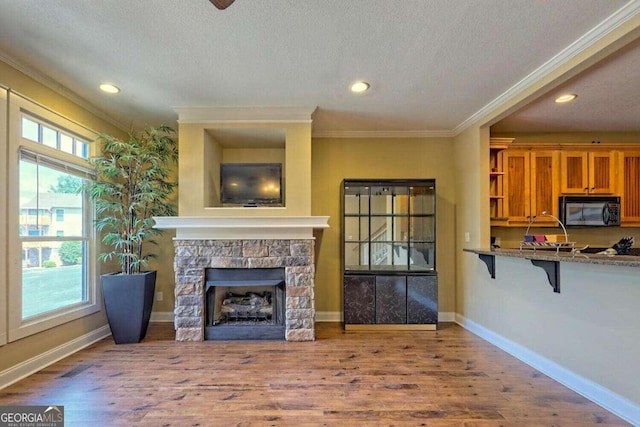 living room featuring a wealth of natural light, a textured ceiling, wood-type flooring, and a fireplace