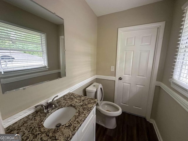 bathroom with wood-type flooring, toilet, and vanity