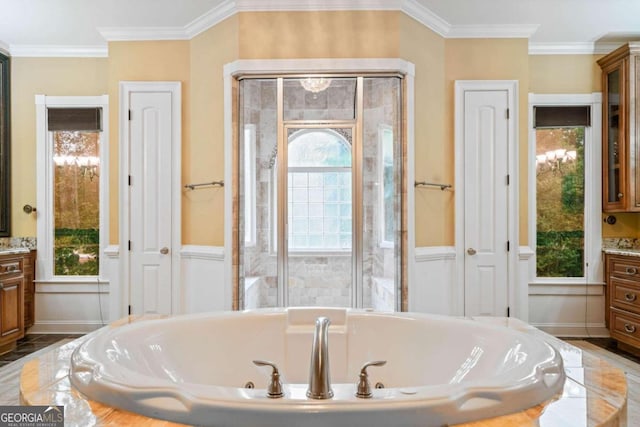 bathroom featuring tiled bath, vanity, and crown molding