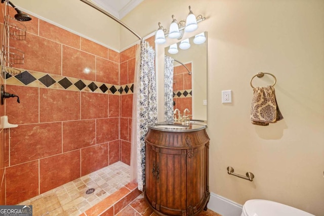 bathroom featuring walk in shower, ornamental molding, vanity, and toilet