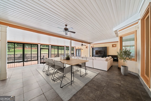 sunroom / solarium featuring ceiling fan and wooden ceiling