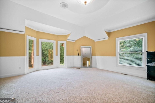 unfurnished living room with carpet floors, ornamental molding, and a healthy amount of sunlight